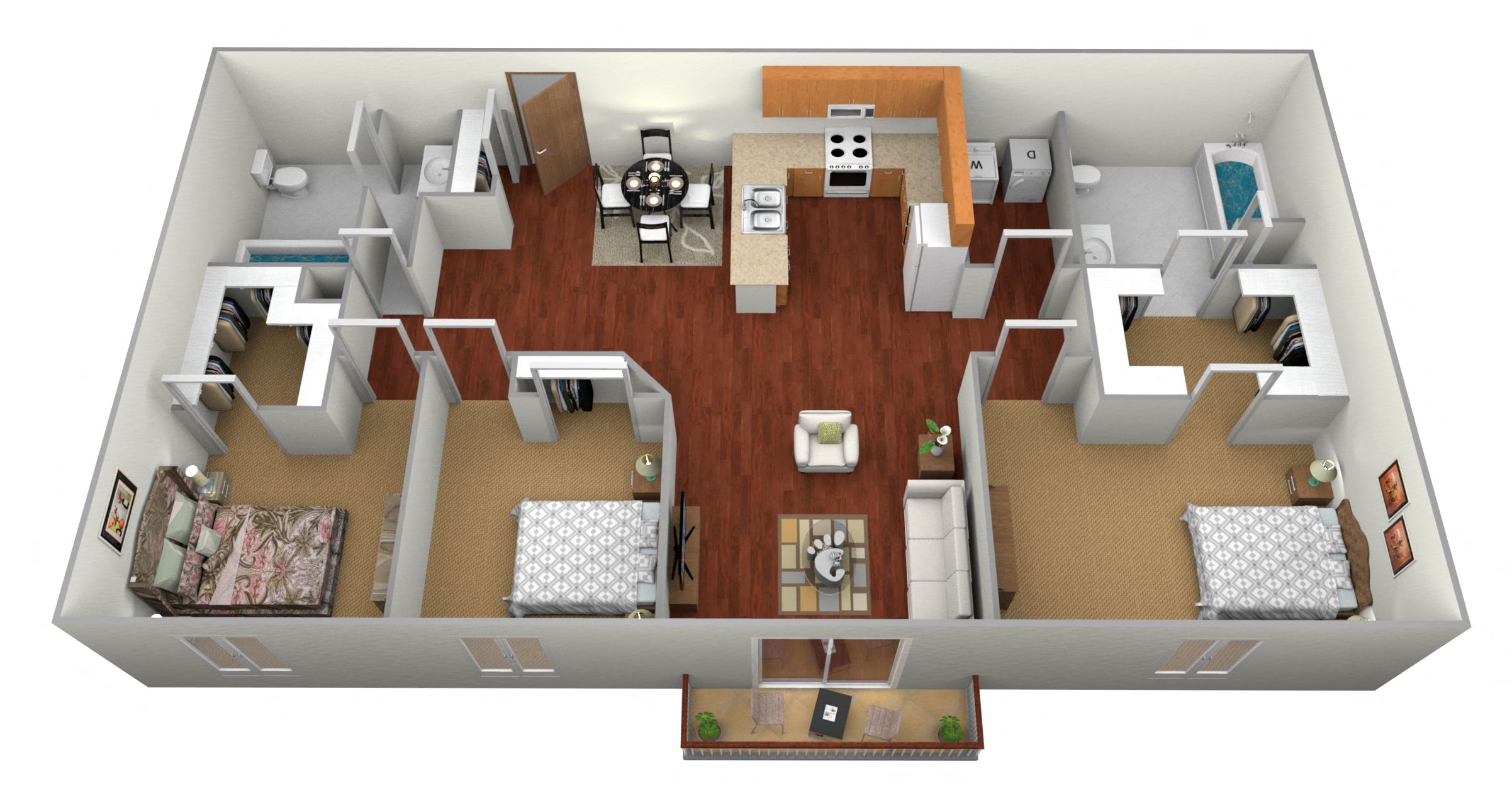 Floor plan for 3 beds, 2 baths, 1300 sqft